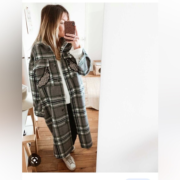 Oversized Plaid Coat NAVY PARIS Made in France Sz S/M 💫 - Picture 2 of 9